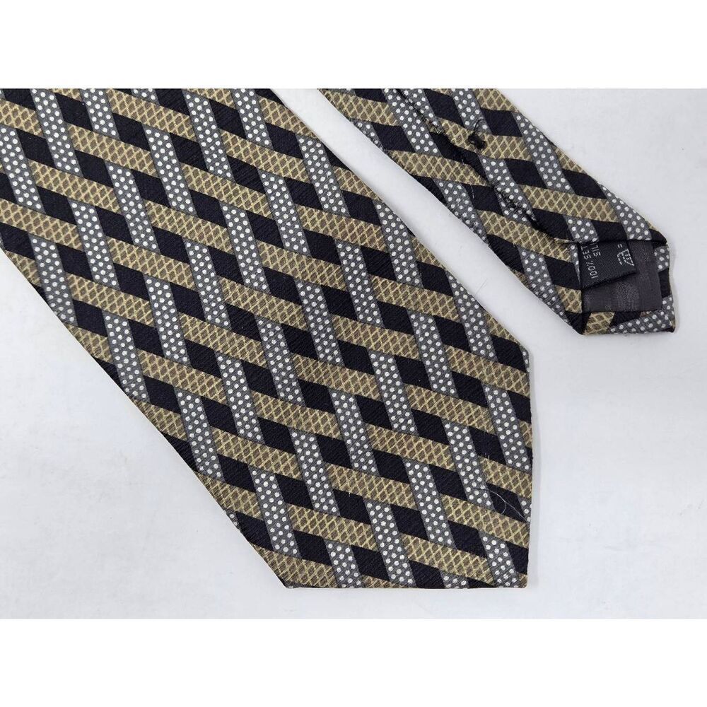 ERMENEGILDO ZEGNA SILK TIE BLACK OLIVE TAN WEAVE STRIPE ITALY VINTAGE 4" X 56"